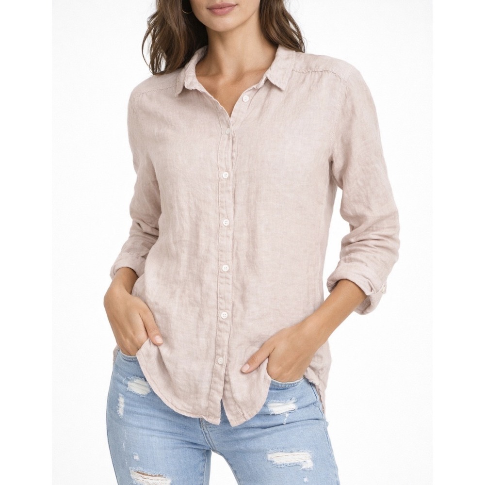 Artisan NY Shirt Women's Medium Beige Button Up‎ 100% Linen 3/4 Sleeve Blouse